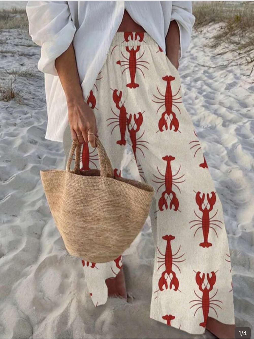 Women's Cream Wide-Leg Pants with Red Lobster Print
